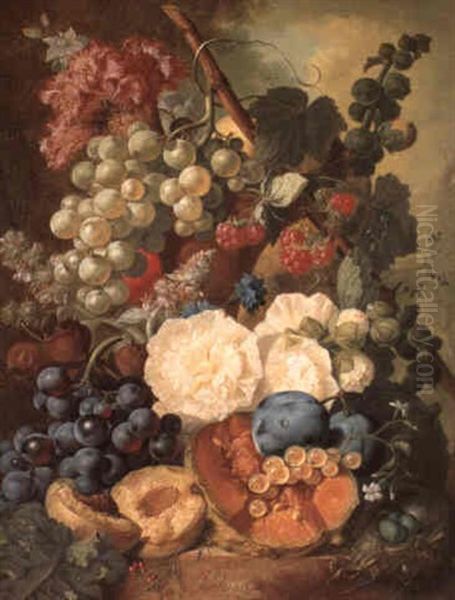 Still Life Of Flowers With Grapes, A Peach, A Melon And Plums - view 1