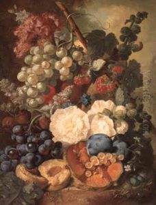 Still Life Of Flowers With Grapes, A Peach, A Melon And Plums by Jan van Os
