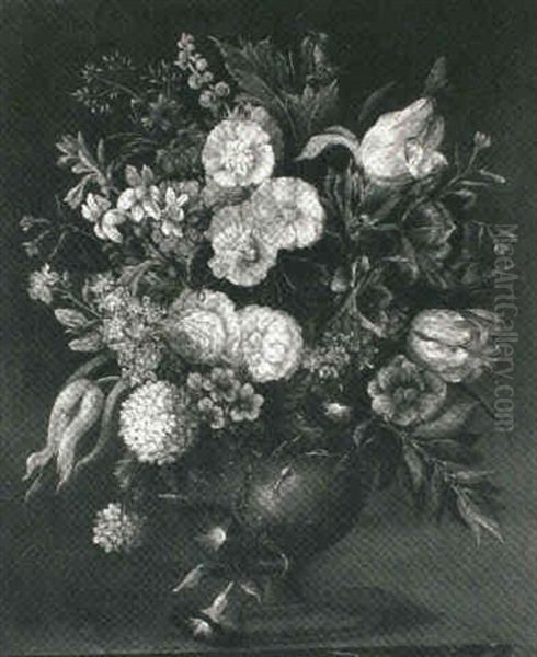 Roses, Tulips, Lilies And Chrysanthemums In An Urn On A     Ledge - view 1