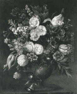 Roses, Tulips, Lilies And Chrysanthemums In An Urn On A     Ledge
