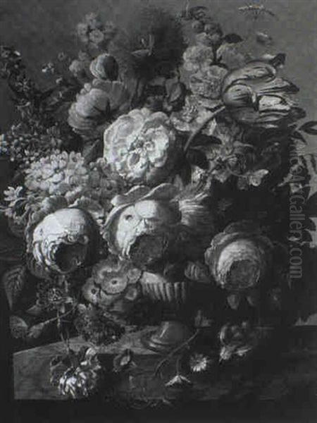 Prunkstilleben Mit Tulpen, Rosen, Nelken U.a. In Einer Tonvase - view 1
