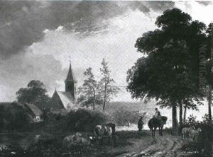 Landschaft Mit Einer Kirche Und Zwei Personen Im Gesprach