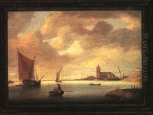Boats In Calm Water Off A Dutch Town by Jan van Os