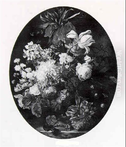 Still Life Of Flowers In A Sculpted Urn Resting On A Table - view 1