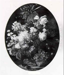 Still Life Of Flowers In A Sculpted Urn Resting On A Table