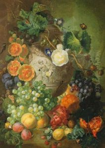 Still Life Of Flowers And Fruit Before A Stone Urn... & Still Life With Flowers In A Stone Vase... by Jan van Os