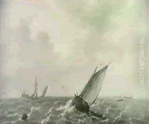 Fishing Boats In A Swell With Men-o'-war                    In The Distance