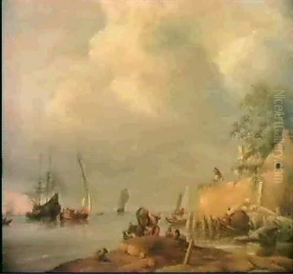 A Coastal Landscape With Figures Unloading A Rowing Boat Near Cattle In The Foreground And A Sailing Vessel Being - view 1