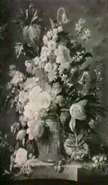Elaborate Still Lifes Of Flowers In Vases With Landscapes Beyond: A Pair Of Paintings - view 1
