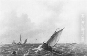 Fishing Boats In A Swell With Men O War In The Distance