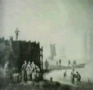 Fisherfolk On Beach By A Harbour Wall Sorting The Catch