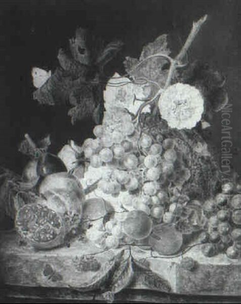 Roses, Plums, Grapes, Apricotspeaches, Raspberries, And A Pomegranate With Two Butterflies On A Ledge - view 1