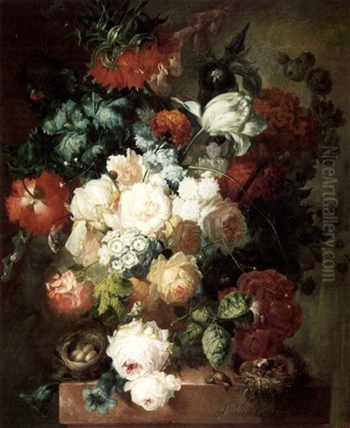 Still Life Of Flowers With Bird Nests On A Marble Ledge - view 1
