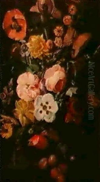 Roses, Chrysanthemus, Poppies,an Iris And Other Flowers In Avase With Fruit On A Ledge - view 1