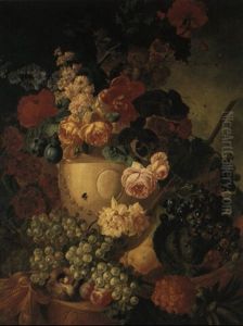 Flowers Ina An Urn With A Bowl Of Fruit On A Ledge Flowers Ina An Urn With A Bowl Of Fruit On A Ledge