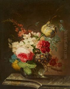A Vase Of Flowers On A Marble Ledge by Maria Magrita van Os