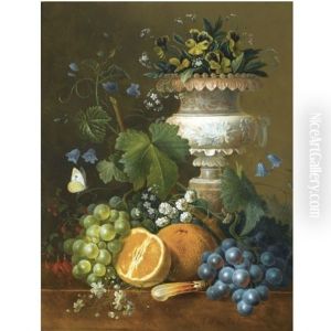 A Still Life With Violets, Grapes And Oranges On A Ledge by Maria Magrita van Os