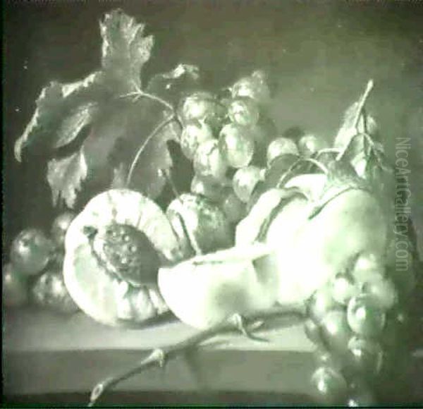 Still Life Of Peaches, Plums And Grapes On A Stone Ledge - view 1