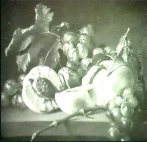 Still Life Of Peaches, Plums And Grapes On A Stone Ledge by Maria Magrita van Os