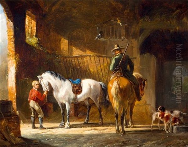 Jagers Met Paarden Op Stal - view 1