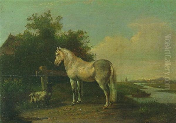 A Grey Horse And A Goat In A River Landscape - view 1