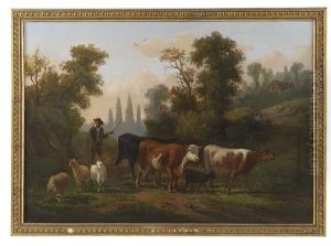 Herder On A Country Path With His Herd by Pieter Gerardus Van Os