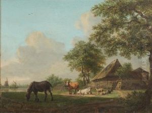 A Farmstead Scene; Horse, Cattle, Sheep And A Goat In The Foreground, View To A Farm, A Barge And Windmills Beyond