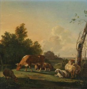 Vaches Et Moutons Au Pre Au Bord De L"eau by Pieter Gerardus Van Os