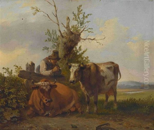 Rastender Hirte Mit Zwei Kuhen Am Gatter - view 1
