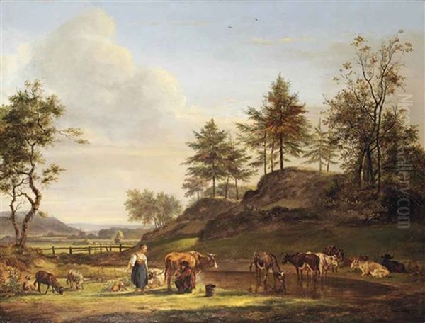 A Milkmaid And Herdsman With Cattle In A Summer Landscape - view 1