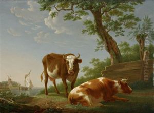 Pastorale. Prachtvolle Sommerlandschaft Mit Weidendem Vieh, Flusslauf, Segelschiffen Und Windmuhle