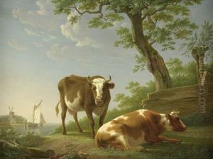 Stehendes Und Ruhendes Rind Bei Einem Baum Vor Einer Fluslandschaft