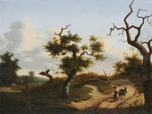 Baumbestandener Weg Mit Bauerin Und Reitern by Pieter Gerardus Van Os