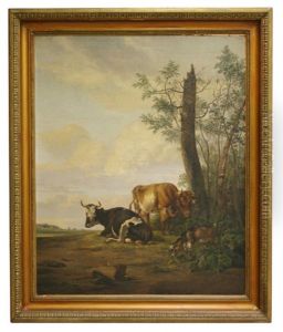 Zwei Kuhe Und Eine Ziege Unter Baumen In Weiter Landschaft by Pieter Gerardus Van Os