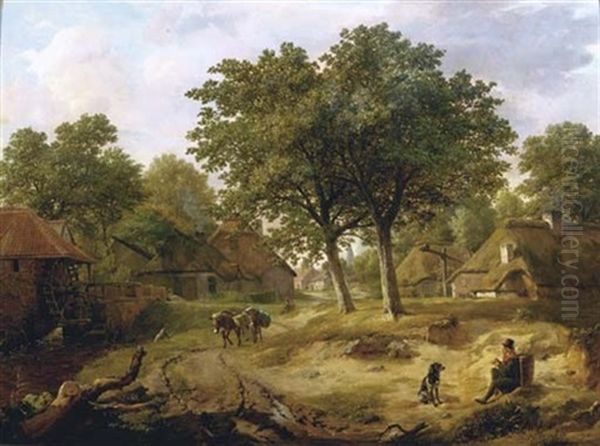 A Traveller On The Outskirts Of A Rural Village By A Watermill - view 1