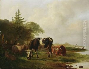 Kuhe Und Schafe Auf Der Uferweide by Pieter Gerardus Van Os