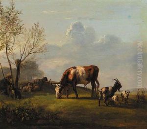 A Shepherd With His Cattle In A Meadow by Pieter Gerardus Van Os