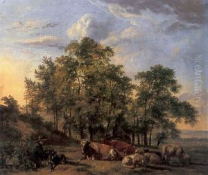 A Pastoral Landscape With A Shepherd And His Livestock Resting, A Cottage In The Woods Nearby by Pieter Gerardus Van Os