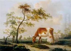 Cows In A Farmyard With A Village In The Distance, In Summer Cows In A Farmyard With A Village In The Distance, In Summer