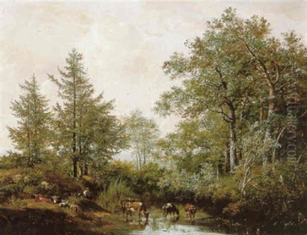Boslandschap Met Vee En Figuren Bij Een Bosmeer - view 1