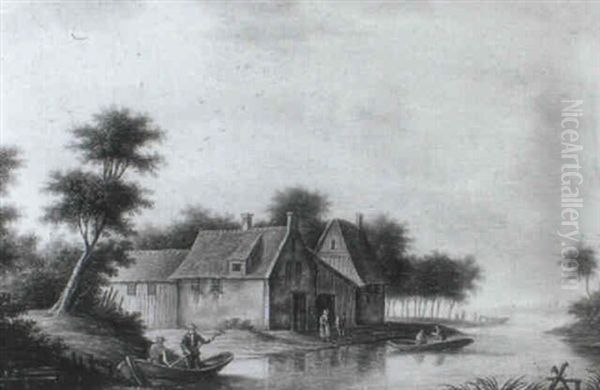 A River Landscape With Figures In A Boat By Cottages, A Town Beyond - view 1