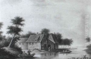 A River Landscape With Figures In A Boat By Cottages, A Town Beyond by Pieter Gerardus Van Os