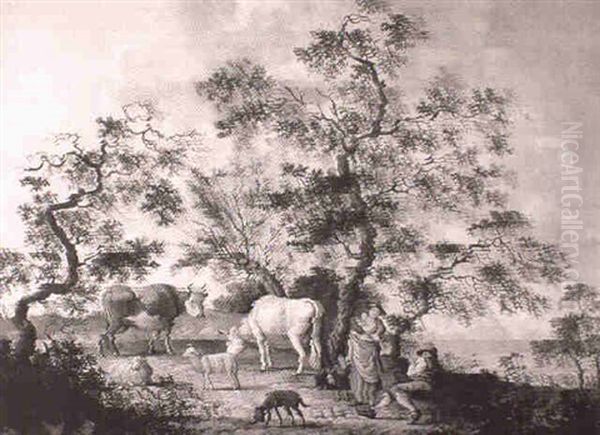 Drovers With Cattle, Sheep And A Dog In A Landscape - view 1