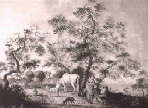 Drovers With Cattle, Sheep And A Dog In A Landscape