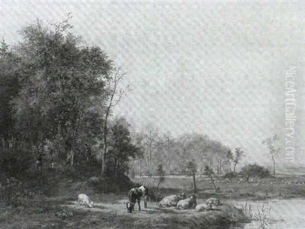 Cattle And Sheep In A Landscape With Huntsmen In A Wood - view 1