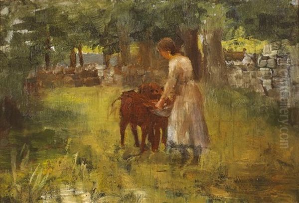 Girl Feeding Calves - view 1