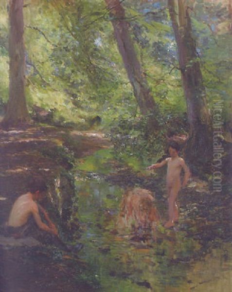 Boys In A Woodland Stream - view 1