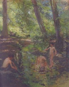 Boys In A Woodland Stream by Walter Frederick Osborne