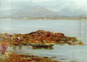 Connemara Landscape; Gathering Wrack, Galway Bay With The Twelve Pins In The Distance