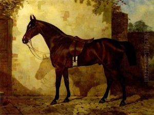 A Bay Hunter, Saddled, Outside A Stable